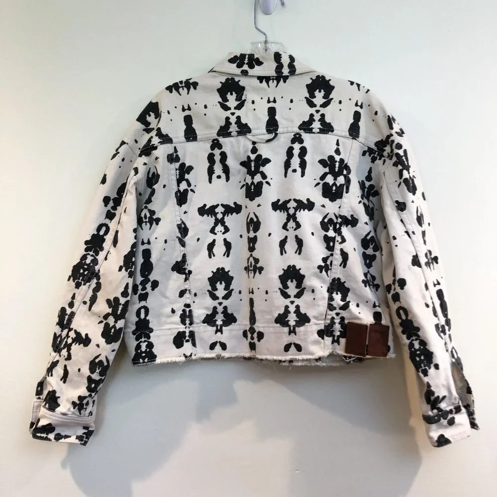 WOOD WOOD Black & White Splattered Canvas Jean Designer Denim Jacket S FLAWED - Picture 7 of 10